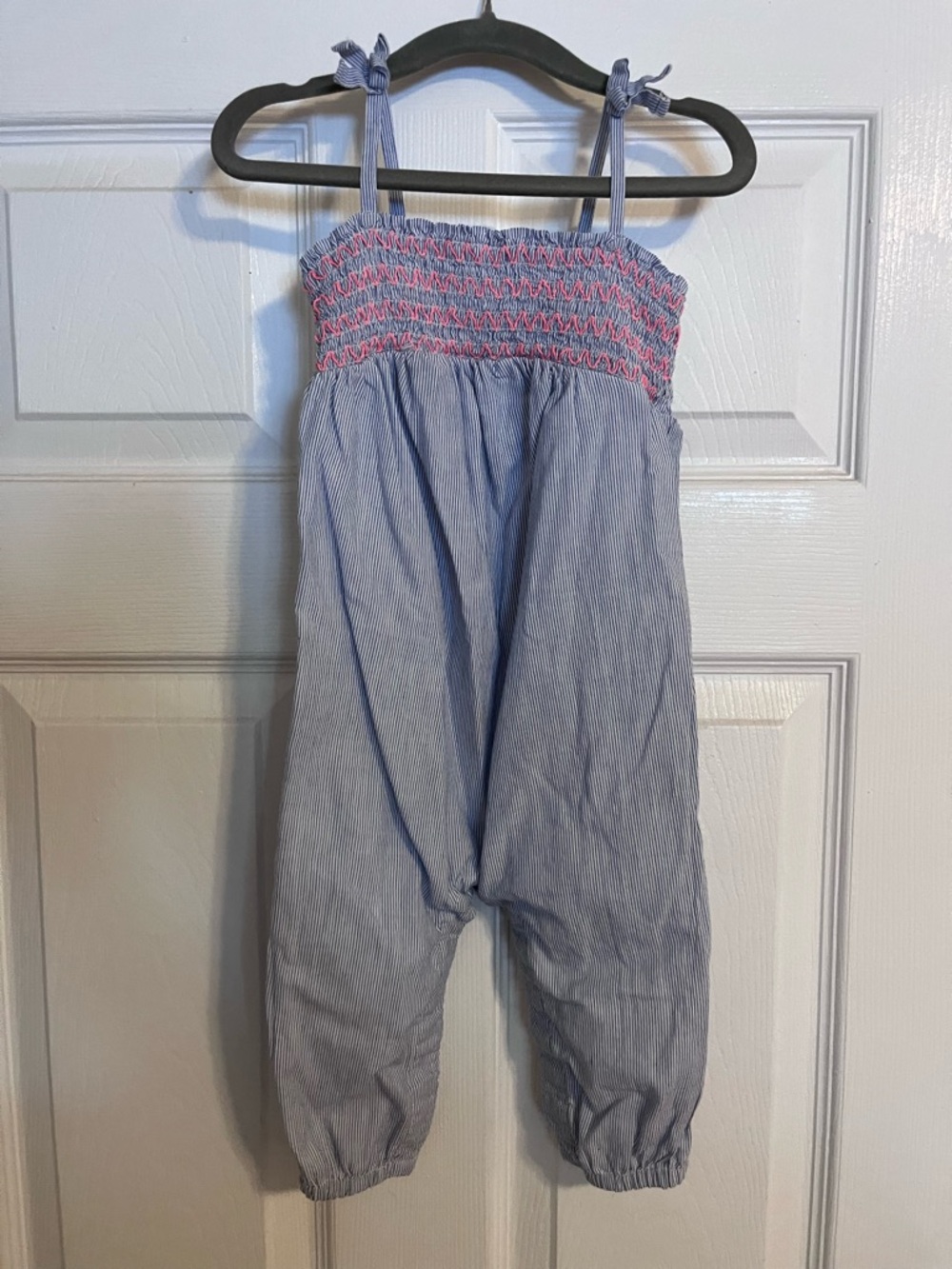 Girls Light Blue Striped Smocked Romper with Pink Detail